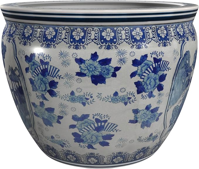 Red Lantern Large 20" Ladies Blue & White Porcelain Fishbowl Planter or Cachepot - Image 6