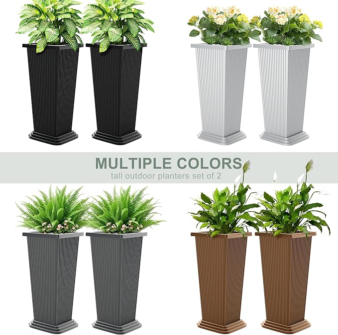 Set of 2 Tall Planters with Drainage Tray, 24 Inch Large Flower Pots - Image 7