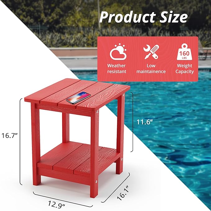 LUE BONA Adirondack Outdoor Side Table, 2-Tier Bright Red HDPS Patio End Table - Image 3