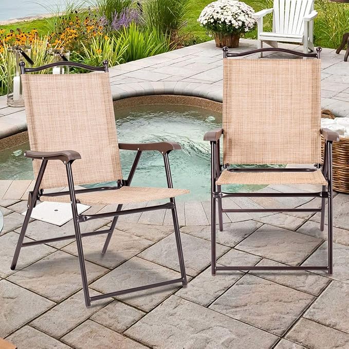 Giantex Set of 2 Patio Folding Chairs, Outdoor Patio Dining Chairs w/Armrest - Image 2