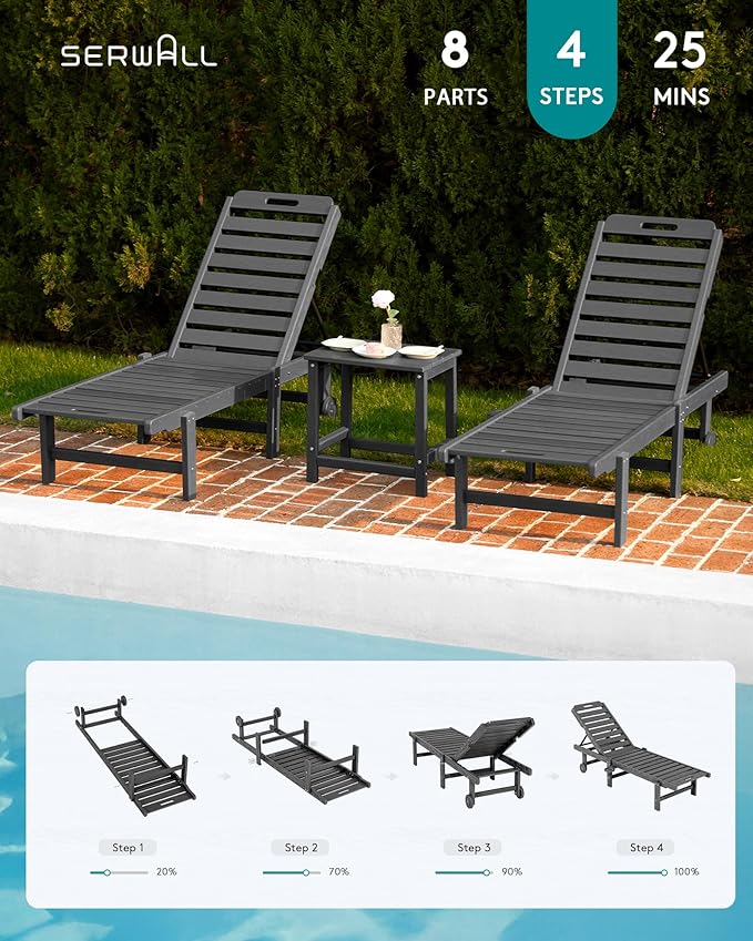 SERWALL Outdoor Chaise Lounge Set of 6, HDPE Pool Lounge Chair - Image 9
