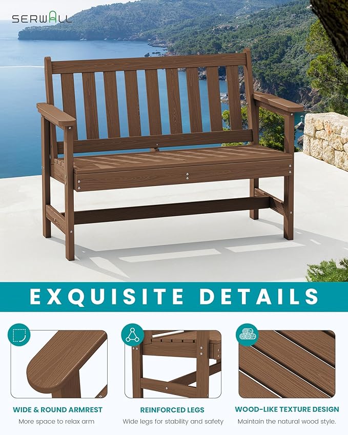 SERWALL Outdoor Bench, HDPE Outdoor Benches Weatherproof, 2-Person Garden Bench - Image 5