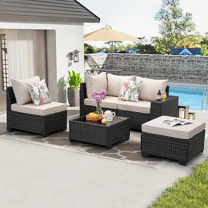 5 Pieces Patio Furniture Set All-Weather Outdoor Wicker Sectional Conversation - Image 7