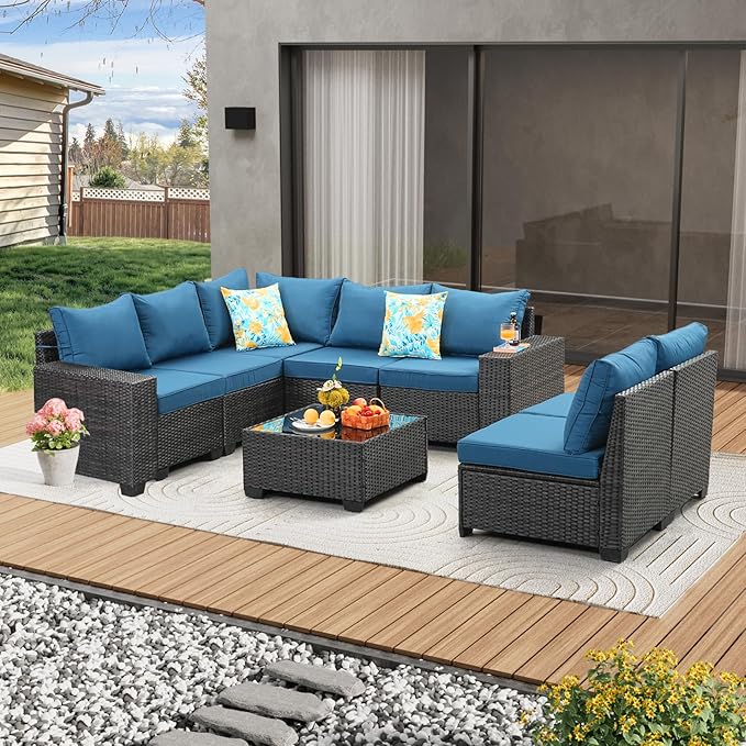 8 Pieces Patio Furniture Set All-Weather Outdoor Wicker Sectional Conversation - Image 7