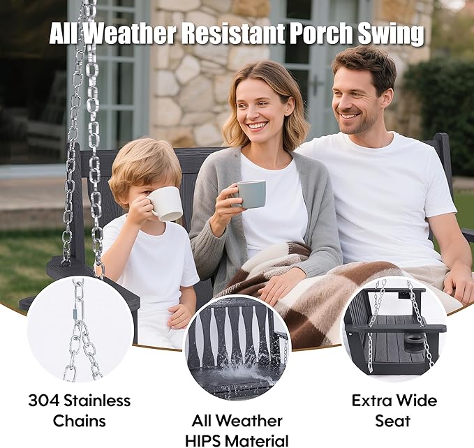 HIPS All-Weather Outdoor Hanging Porch Swing, 2 Seat Hanging Swing Bench - Image 3