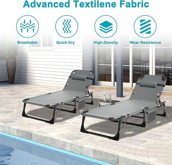ABORON 2PK Heavy Duty Tanning Chair, 5-Gear Outdoor Folding Chaise Lounge Chair - Image 4