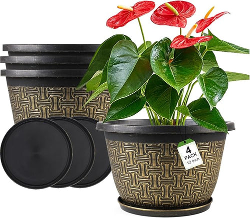 4 Pack 12 Inch Plant Pots, Large-Plant-Flower-Planters-Plastic, Flower Pots by Nooulap