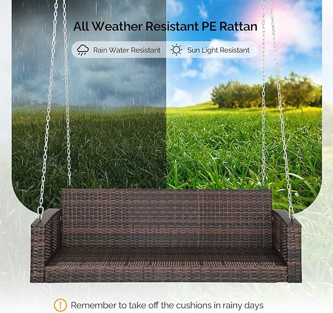 VINGLI Heavy Duty 800 LBS Wicker Hanging Porch Swing - Image 4