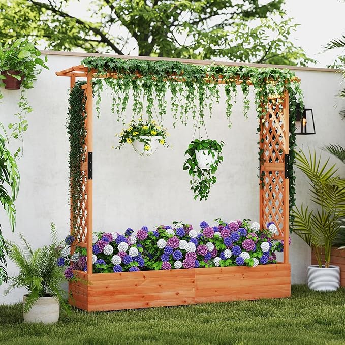 Giantex Raised Garden Bed with Trellis & Hanging Roof, Wood Planter Box with - Image 2