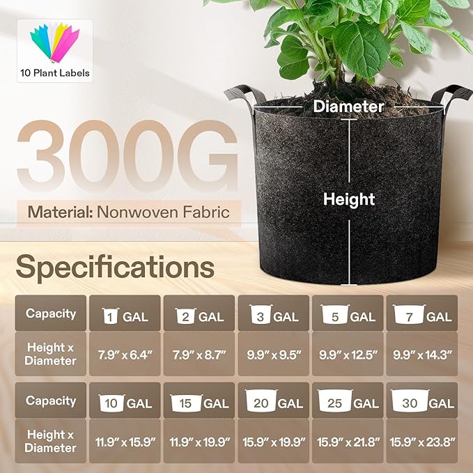 VIVOSUN 5-Pack 2 Gallon Grow Bags Heavy Duty Thickened Nonwoven Fabric Pots - Image 9