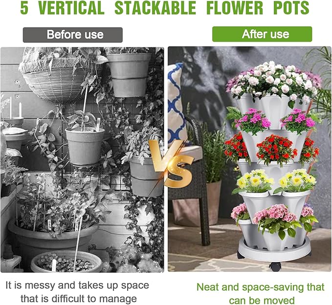Vertical Strawberry Planter 5 Tier Stackable Tower Herb Planters-Stacking - Image 6