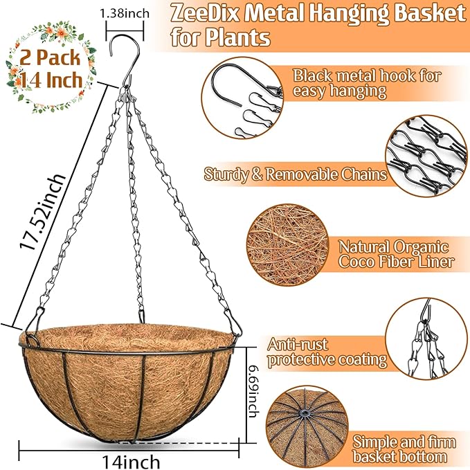ZeeDix 2 Pack 14 Inch Metal Hanging Baskets - Image 2