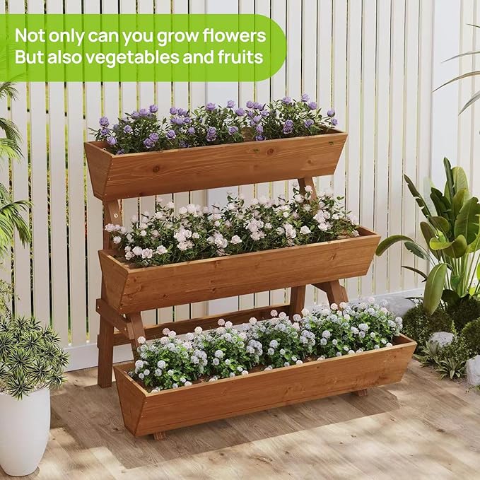 3-Tiers Wooden Raised Garden Bed Tiered Planter Box Flower Pots Vertical Garden - Image 7