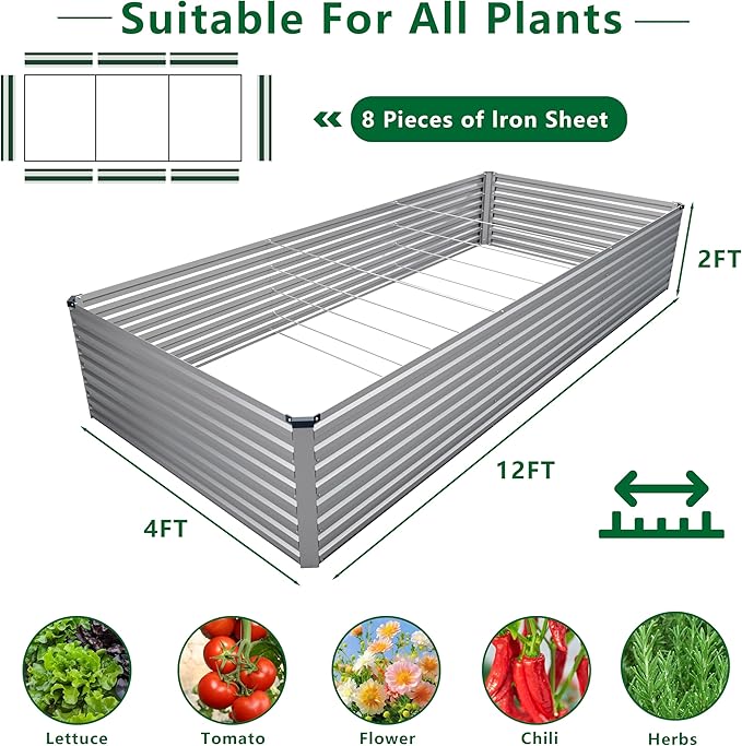 12x4x2FT Galvanized Raised Garden Bed Kit, Vegetable Plant Boxes-Rectangle - Image 2
