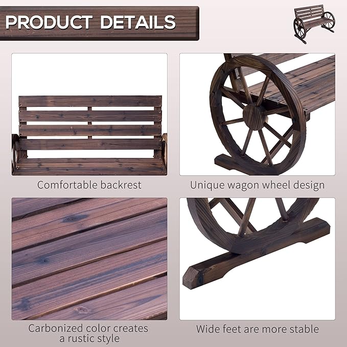 Outsunny 41" Wooden Wagon Wheel Bench, Rustic Outdoor Patio Weather Resistance - Image 5