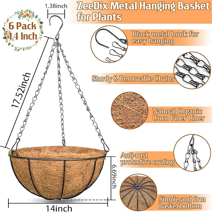 ZeeDix 6 Pack 14 Inch Metal Round Hanging Planter Basket - Image 2