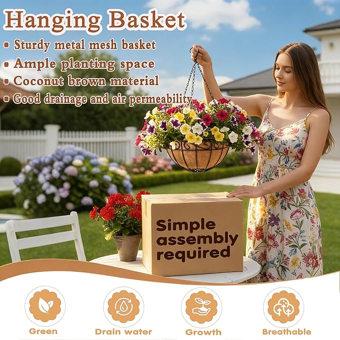 12 inch Metal Hanging Baskets For Plants Outdoor 4 Pack Round Metal Wire - Image 2