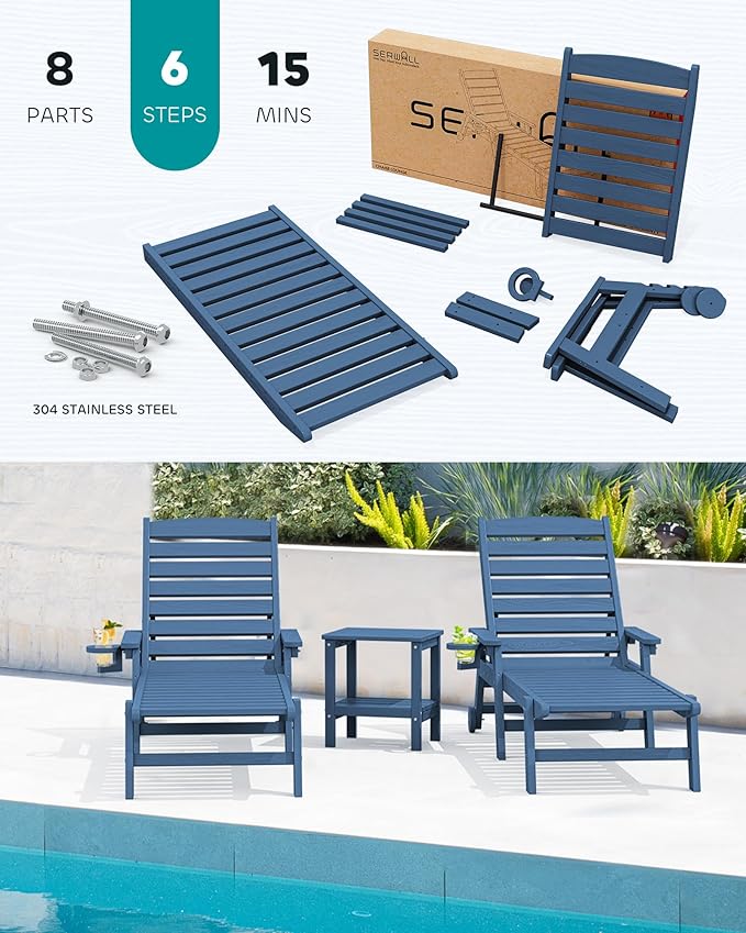 SERWALL Patio Chaise Lounge Chair Set of 4, 5 Positions Adjustable Poly Outdoor - Image 5