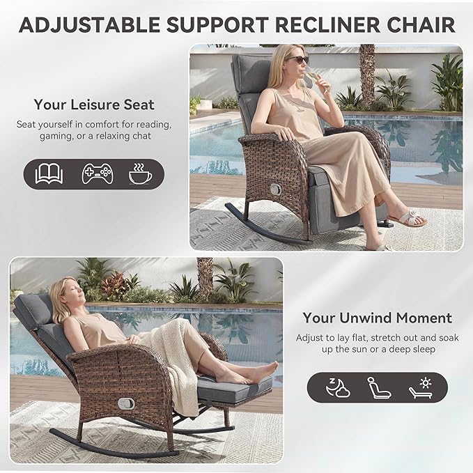 Zero Gravity Patio Rocking Wicker Recliner Chairs Set of 2- Wicker Outdoor - Image 5