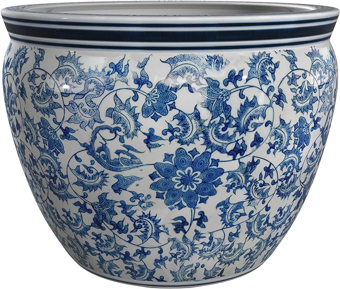 Red Lantern Large 20" Porcelain Fishbowl Blue & White Floral Planter or Cachepot by RedLantern