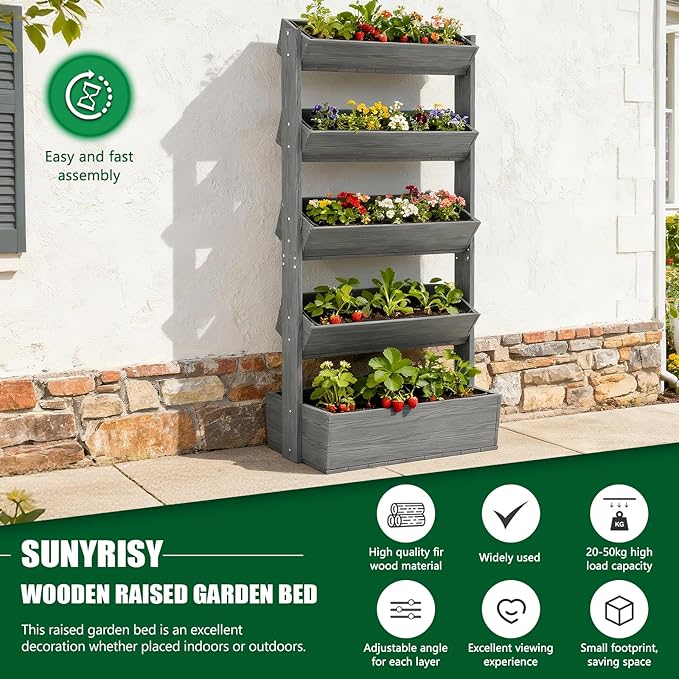 SUNYRISY 5 Tiers Vertical Raised Garden Bed Outdoor Planter Tower, Wooden - Image 4