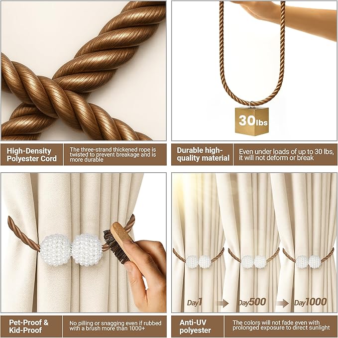 Hion Magnetic Curtain Tiebacks Dark Brown 6 Pack, Curtain Tiebacks Buckles - Image 4