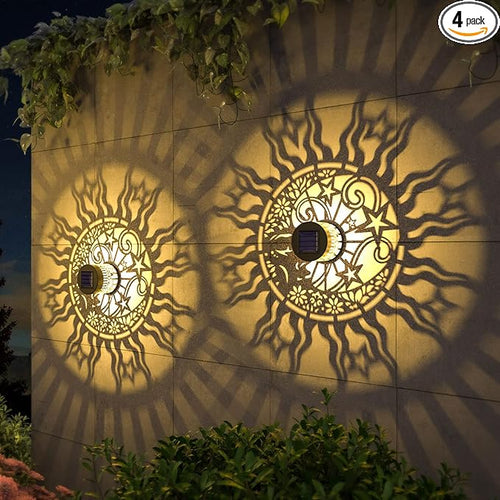 4 Pack Solar Fence Lights Metal Solar Powered Outdoor Wall Deck Lights Sun Moon by gardencave