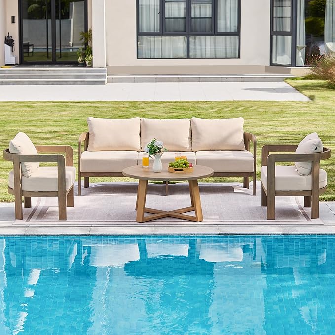 Indoor Round Coffee Table with 35.5” Woodgrain Finish Table Top, Outdoor Metal - Image 6