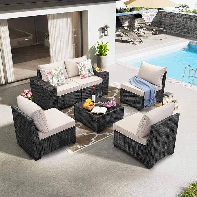 6 Pieces Patio Furniture Set All-Weather Outdoor Wicker Sectional Conversation - Image 8