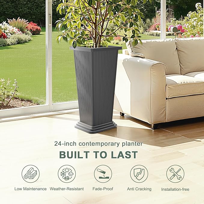 Set of 2 Tall Planters with Drainage Tray, 24 Inch Large Flower Pots - Image 3