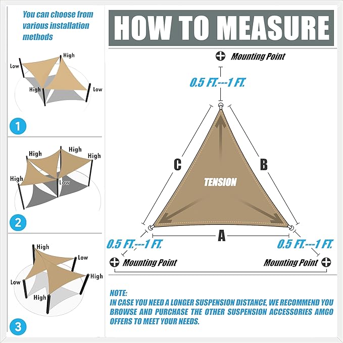 Amgo Custom Size 12' x 12' x 12' White Triangle Sun Shade Sail UPF50+ AGTAPRT12 - Image 2