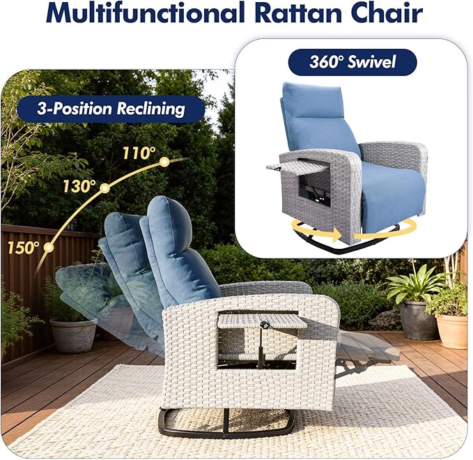 Outdoor Recliner Chair Set of 2, Wicker Patio Recliners - Image 3