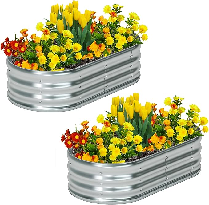 zizin 2 Pack Oval Galvanized Raised Garden Bed Kit 4x2x1ft Metal Planter Box by zizin