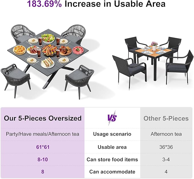 PURPLE LEAF 5 Pieces Oversized Square Patio Dining Set - Image 4