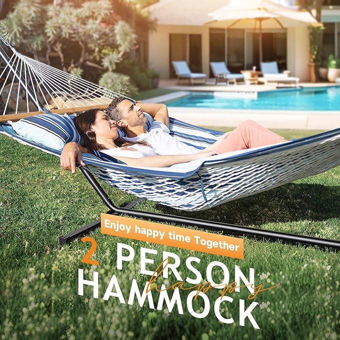 2 Person Outdoor Hammock with Stand, Cotton Rope Hammock with Polyester Pad - Image 4