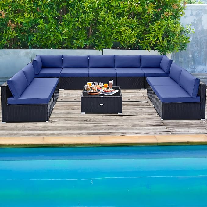 Tangkula 10 Pieces Patio Sofa Set, Outdoor Wicker Conversation Set - Image 3