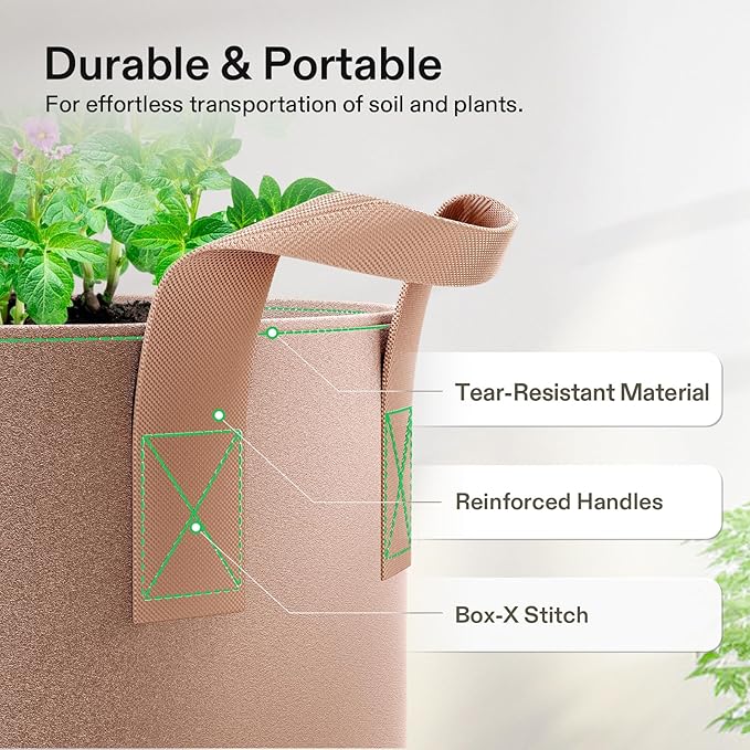 VIVOSUN 5-Pack 25 Gallons Grow Bags Heavy Duty Thickened Nonwoven Fabric Pots - Image 6