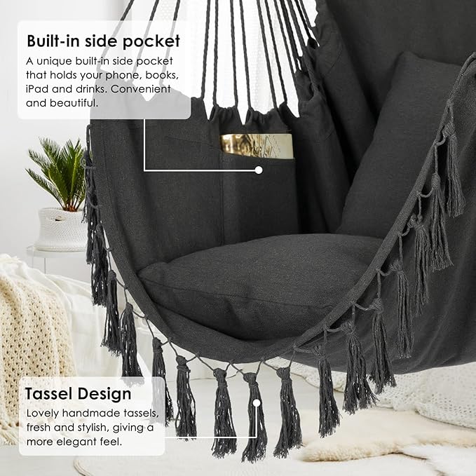 Y- STOP Hammock Chair Hanging Rope Swing, Max 500 Lbs, 2 Cushions Included - Image 6