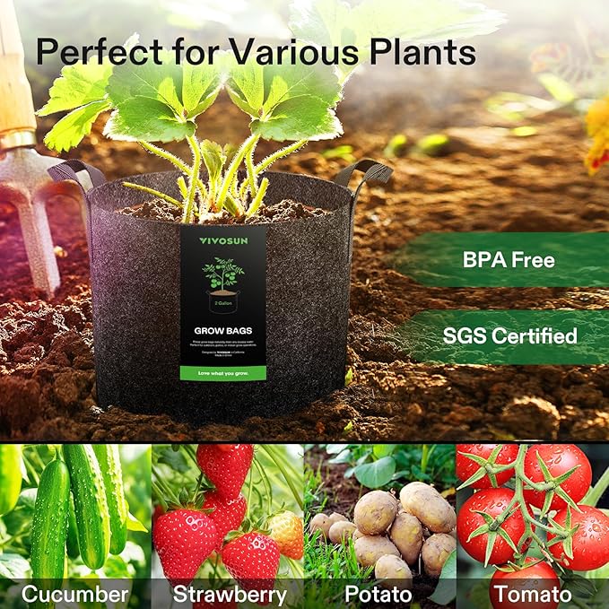 VIVOSUN 5-Pack 2 Gallon Grow Bags Heavy Duty Thickened Nonwoven Fabric Pots - Image 7