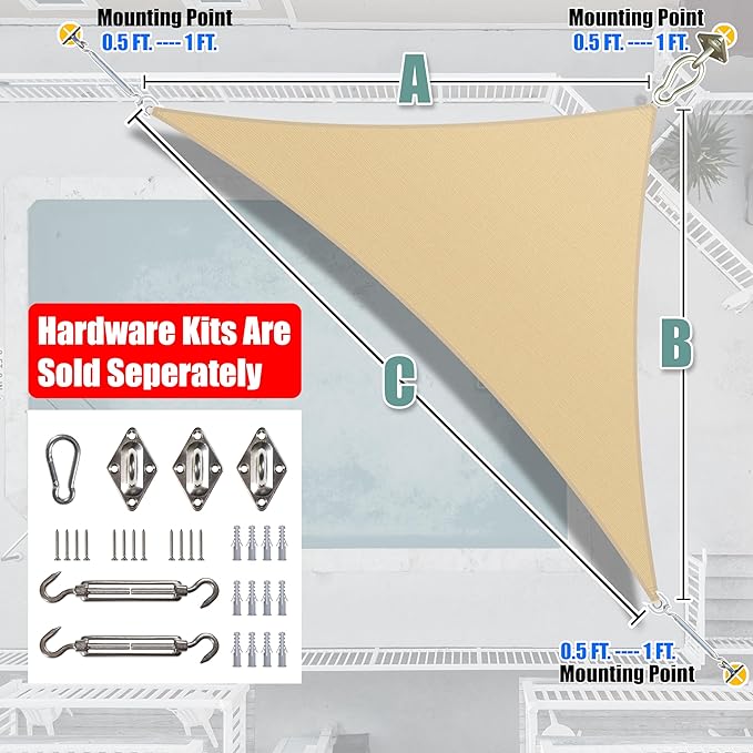 Amgo Custom Size 12' x 24' x 26.8' Beige Right Triangle Sun Shade Sail UPF50+ - Image 8
