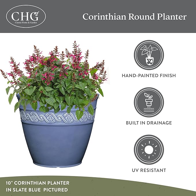 Classic Home and Garden Corinthian Resin Flower Pot Planter, Slate Blue - Image 4