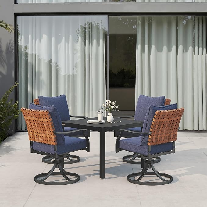 Grand patio 5-Piece Outdoor Dining Set, 4 Leather-Look Wicker Blue Swivel Patio - Image 2
