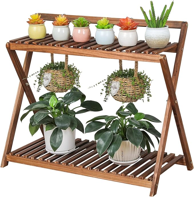 Indoor Plant Stand for Multiple Plants 2 Tier Wood Corner Plant Shelf Rack by TOVACU