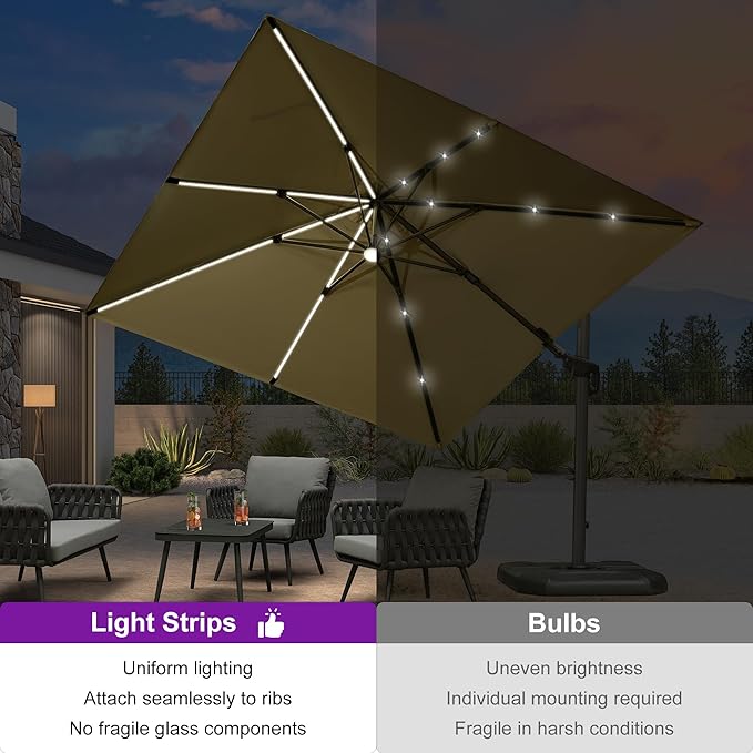 PURPLE LEAF 10 Feet Patio Umbrella Outdoor Cantilever Solar Powered LED Swivel - Image 3