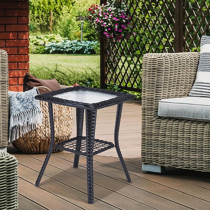 VINGLI Outdoor Side Table with Storage Wicker Patio Side Table, Tempered Glass - Image 2