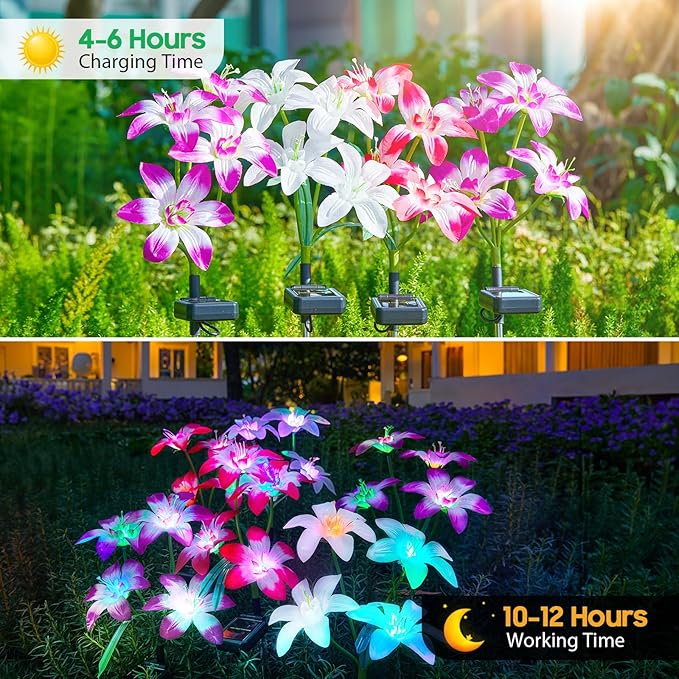 Solar Garden Lights Outdoor, 4 Pack Blooming Lily Solar Flowers Outdoor - Image 3