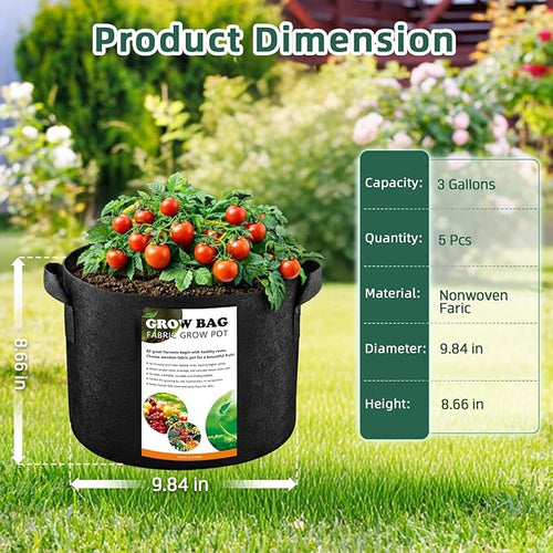 5 Pack 3 Gallon Fabric Grow Bags, Heavy Duty 300G Thickened Aeration Nonwoven - Image 2