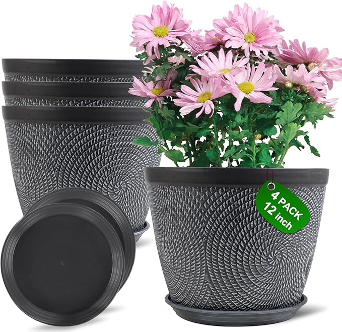 Quarut Large 12 Inch Plant Pot for Plants Outdoor Indoor, 4 Pack Plastic Flower by Quarut