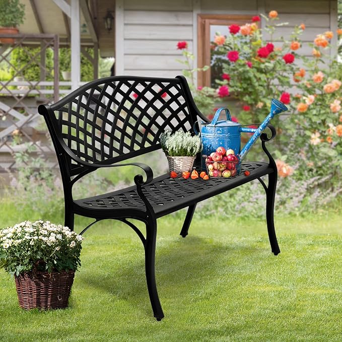 VINGLI 40.5" Patio Garden Bench, Anti- Rust Cast Iron Cast Aluminum Frame - Image 7