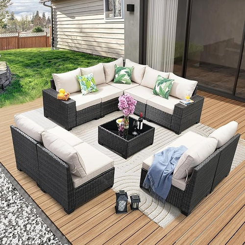 10 Pieces Patio Furniture Set All-Weather Outdoor Wicker Sectional Conversation by JOYURE